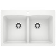White drop-in kitchen sink with two equal bowls, chrome drains, and rounded edges.