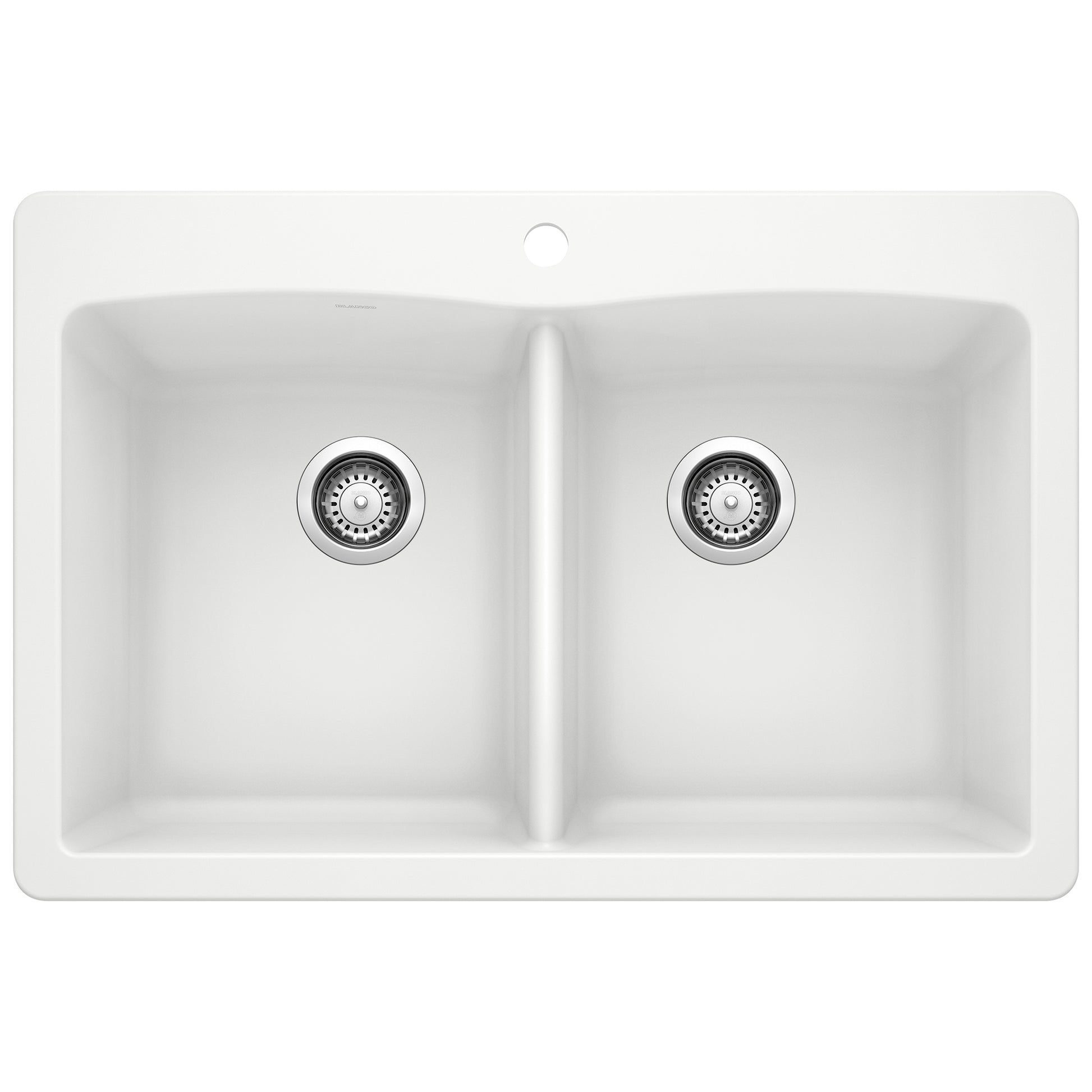 White drop-in kitchen sink with two equal bowls, chrome drains, and rounded edges.