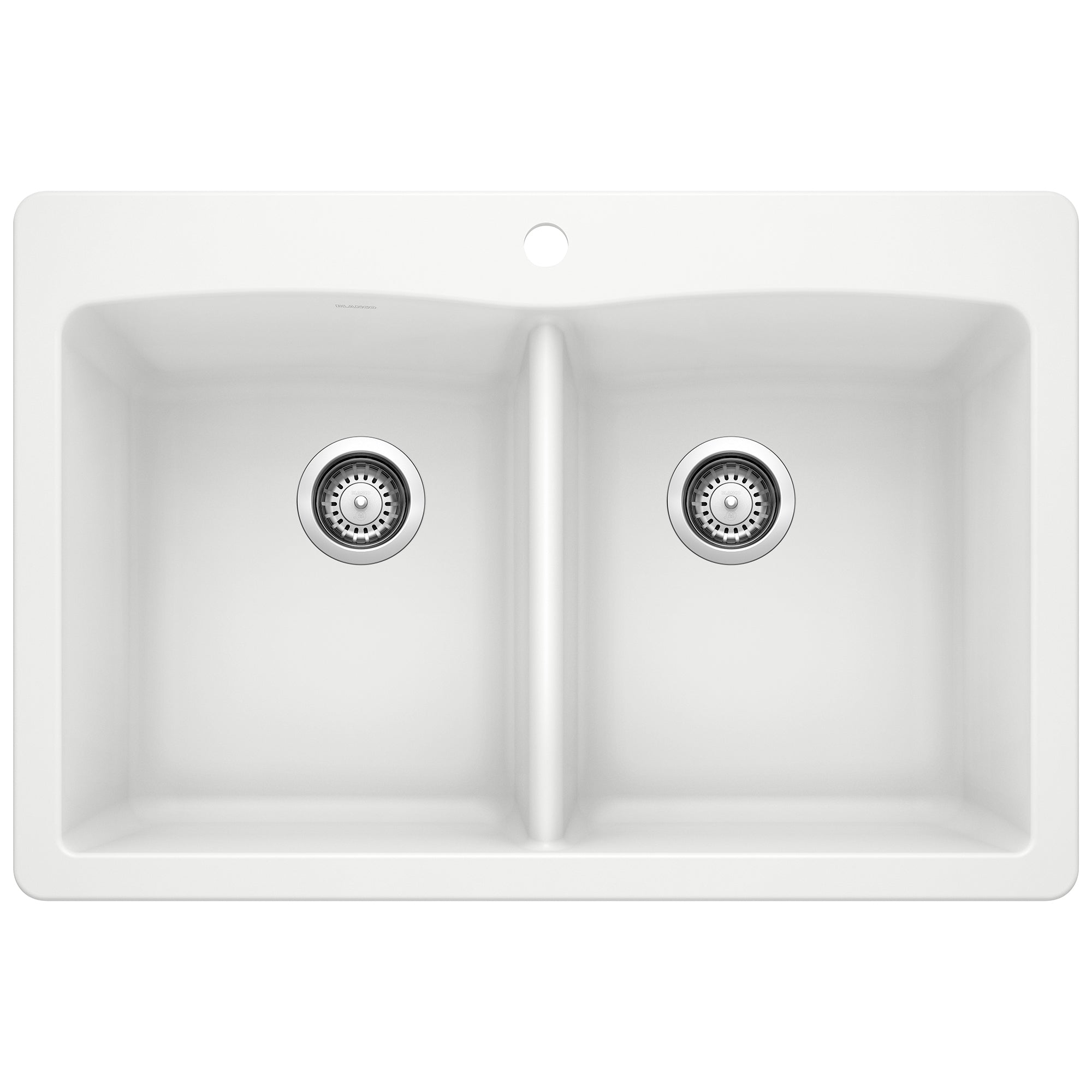White drop-in kitchen sink with two equal bowls, chrome drains, and rounded edges.