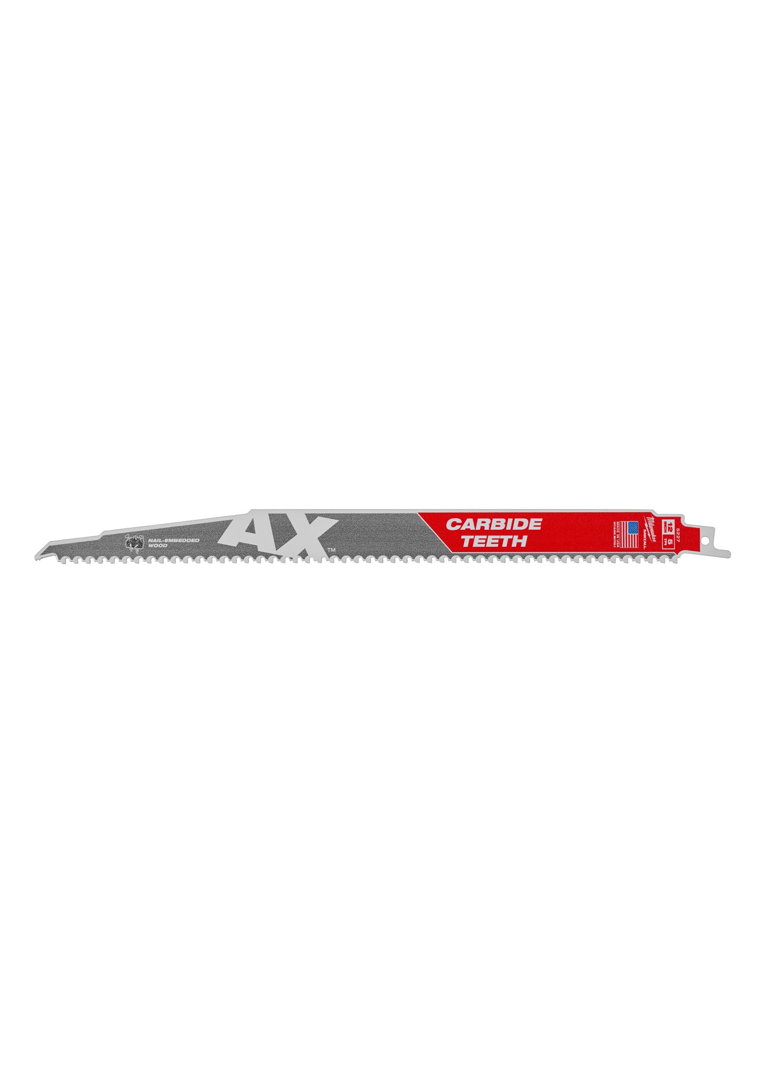 Milwaukee 12-inch SAWZALL blade with carbide teeth and red band labeled "Carbide Teeth" on gray metal body.