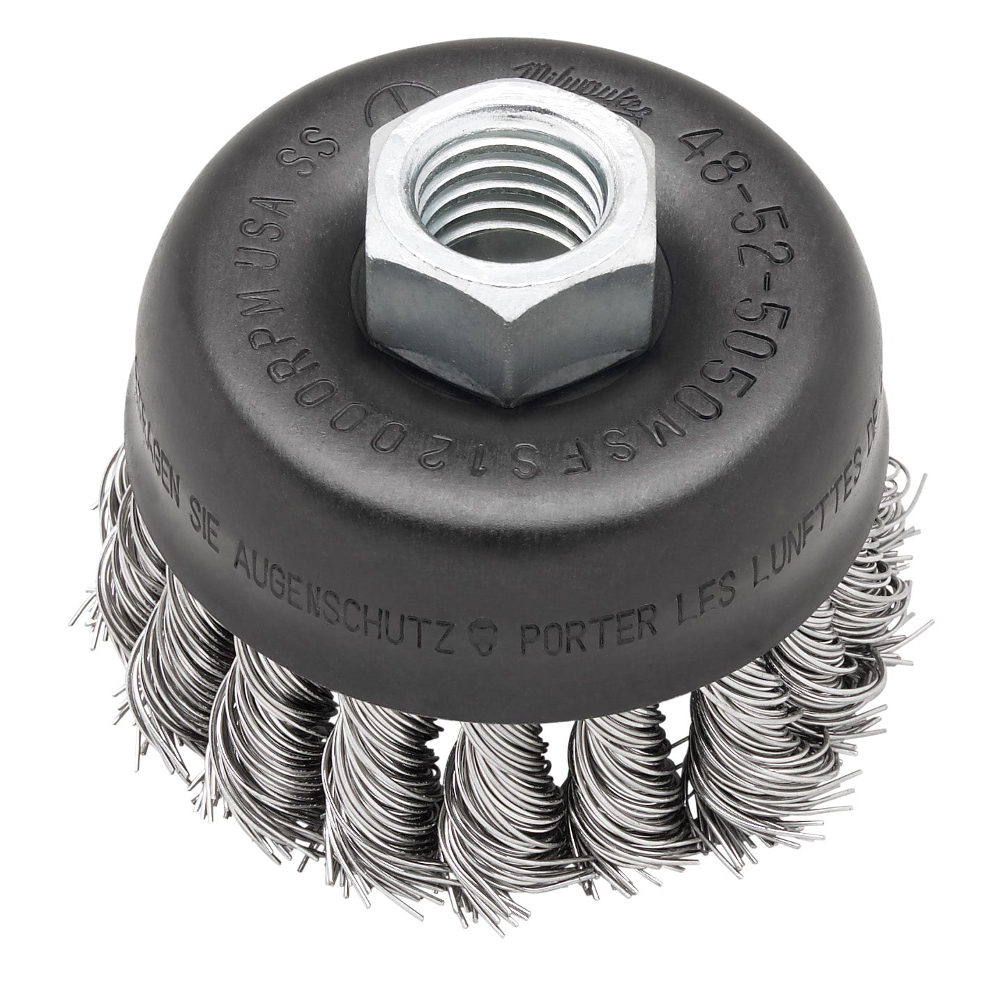 3-inch stainless steel knot wire cup brush with threaded hex nut center attachment for power tools.
