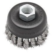 3-inch stainless steel knot wire cup brush with threaded hex nut center attachment for power tools.