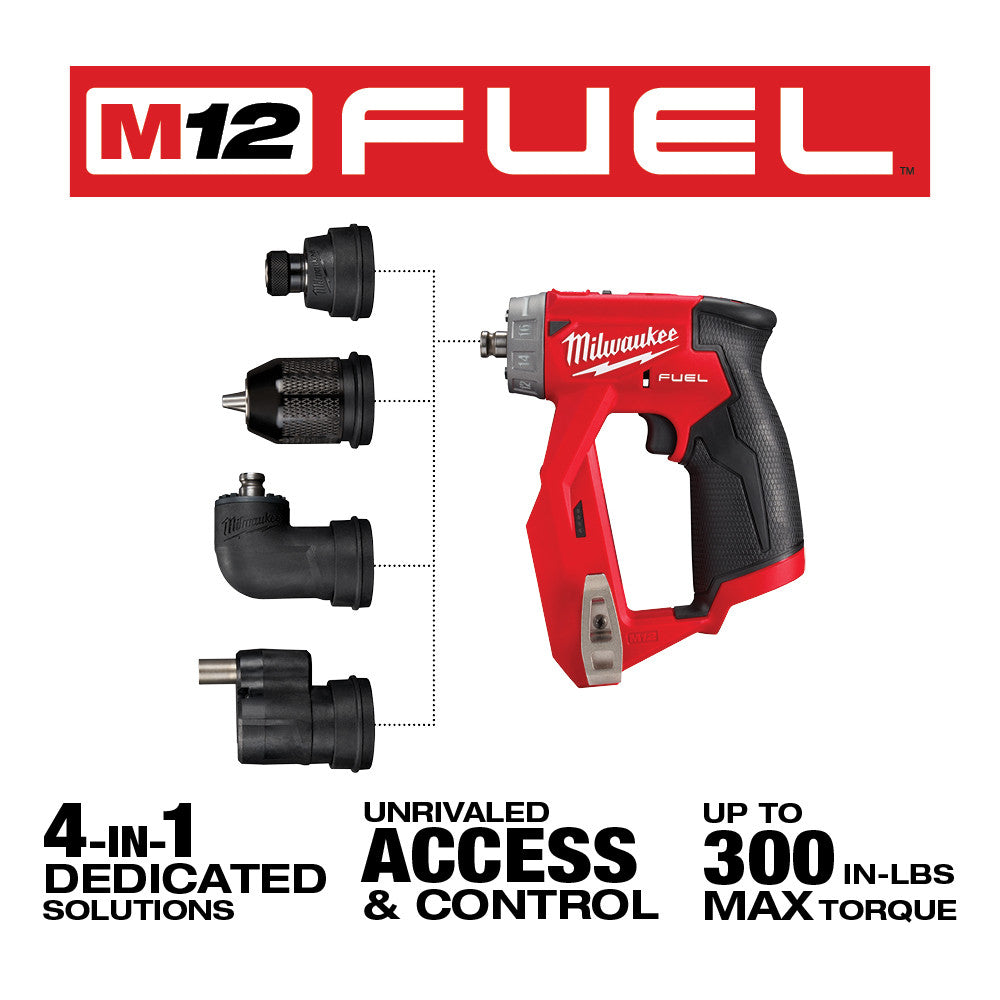 Milwaukee M12 FUEL compact drill/driver in red with four interchangeable attachment heads displayed.