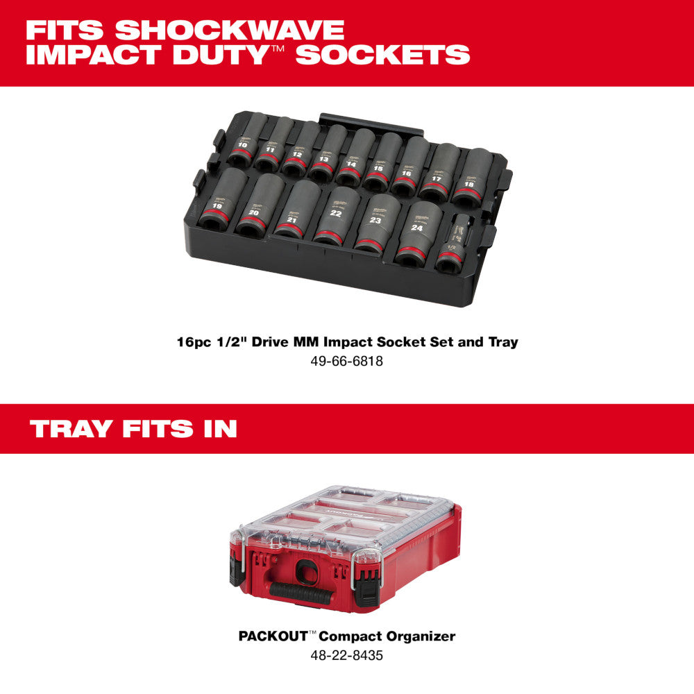 Black plastic tray with 16 compartments holding impact sockets labeled with sizes, compatible with 1/2" drive systems.