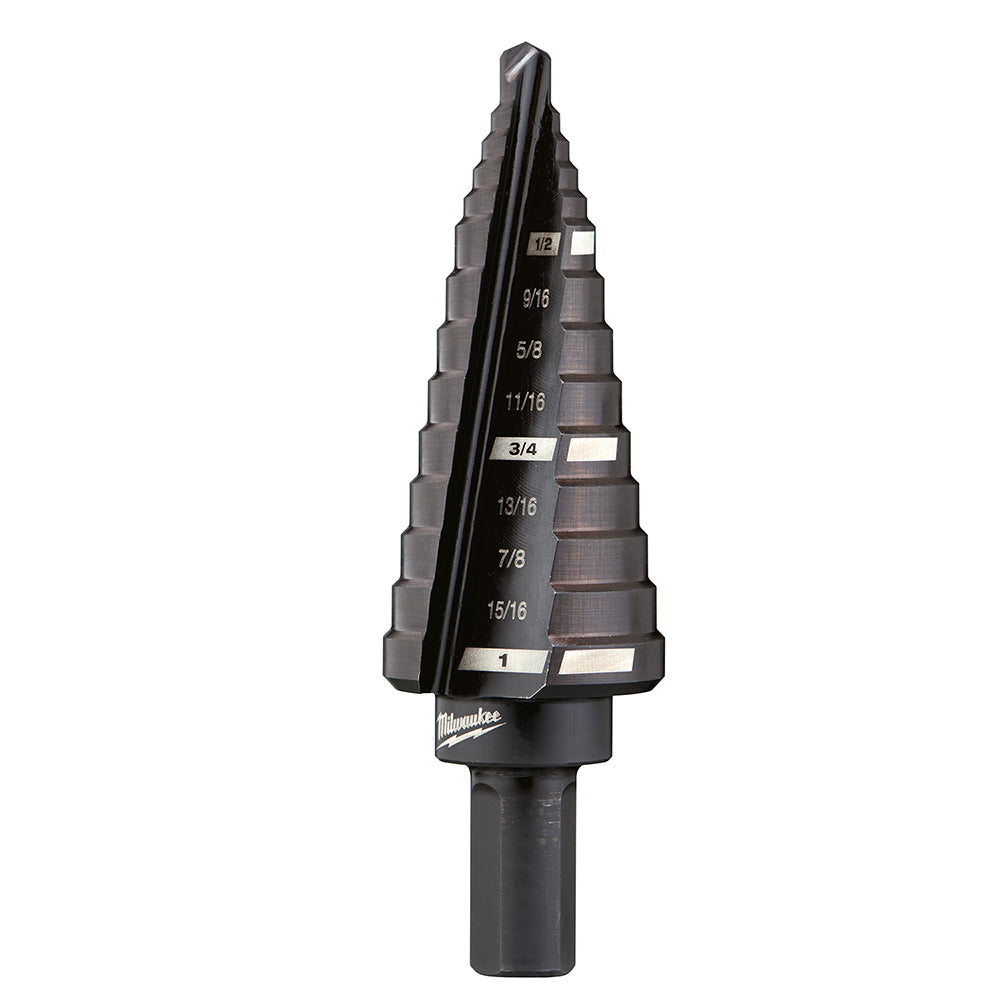 Black Milwaukee step drill bit with eight graduated cone stages labeled with sizes from 1/2 inch to 1 inch.