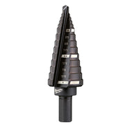 Black Milwaukee step drill bit with eight graduated cone stages labeled with sizes from 1/2 inch to 1 inch.