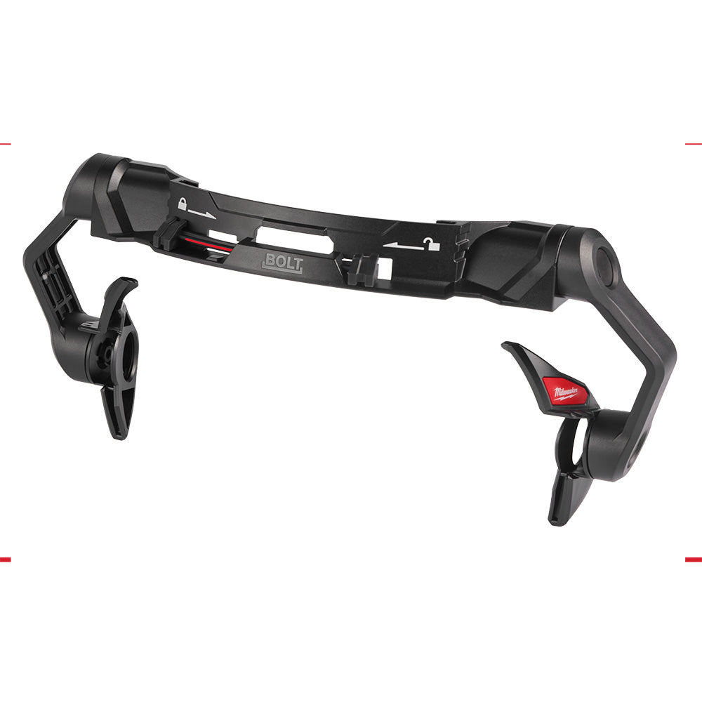 Black BOLT visor mount with articulating side arms and mounting bracket for helmet or hard hat attachment.