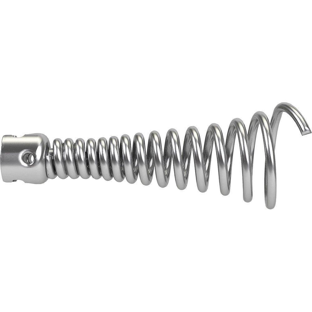 Coiled metal auger cable with connector fitting on left end and curved hook on right end.
