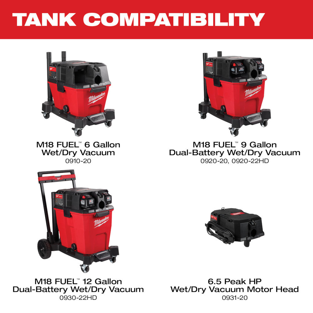 Red and black Milwaukee wet/dry vacuum tanks in various sizes with compatibility chart showing different gallon capacities an