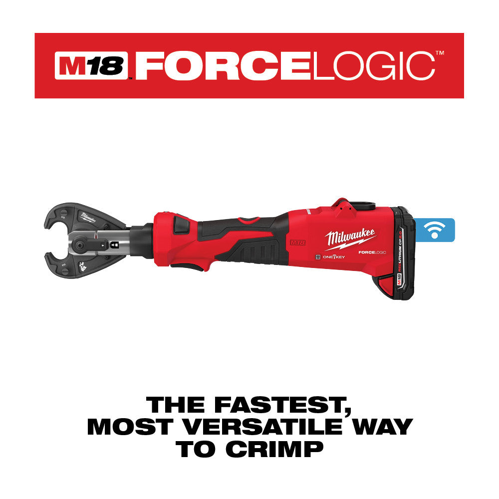 Milwaukee M18 FORCE LOGIC red and black cordless linear crimper with snub nose jaw and battery attached.