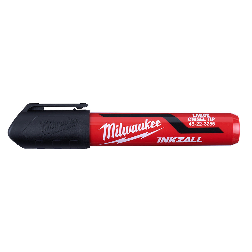 Three Milwaukee INKZALL black markers with red barrels and large chisel tips, displayed horizontally.