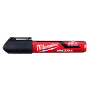 Three Milwaukee INKZALL black markers with red barrels and large chisel tips, displayed horizontally.