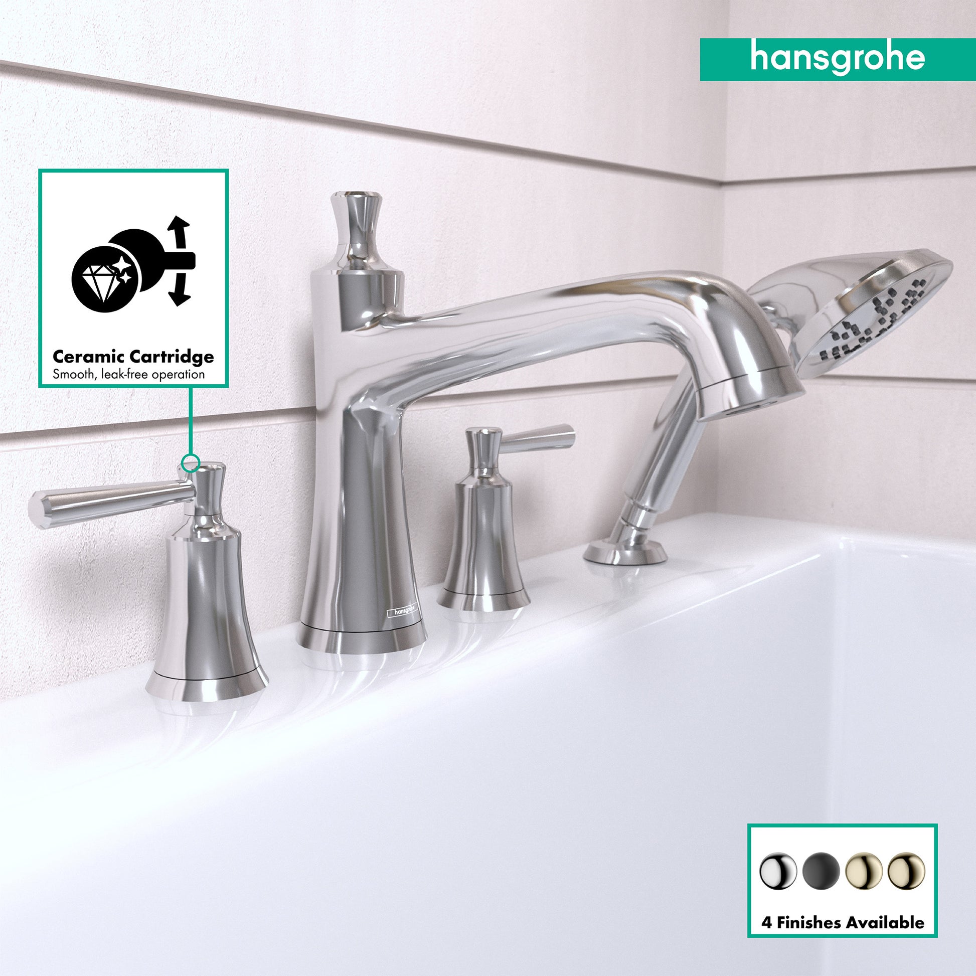 Chrome four-hole roman tub faucet set with curved spout, dual handles, and detachable handshower on white bathtub.