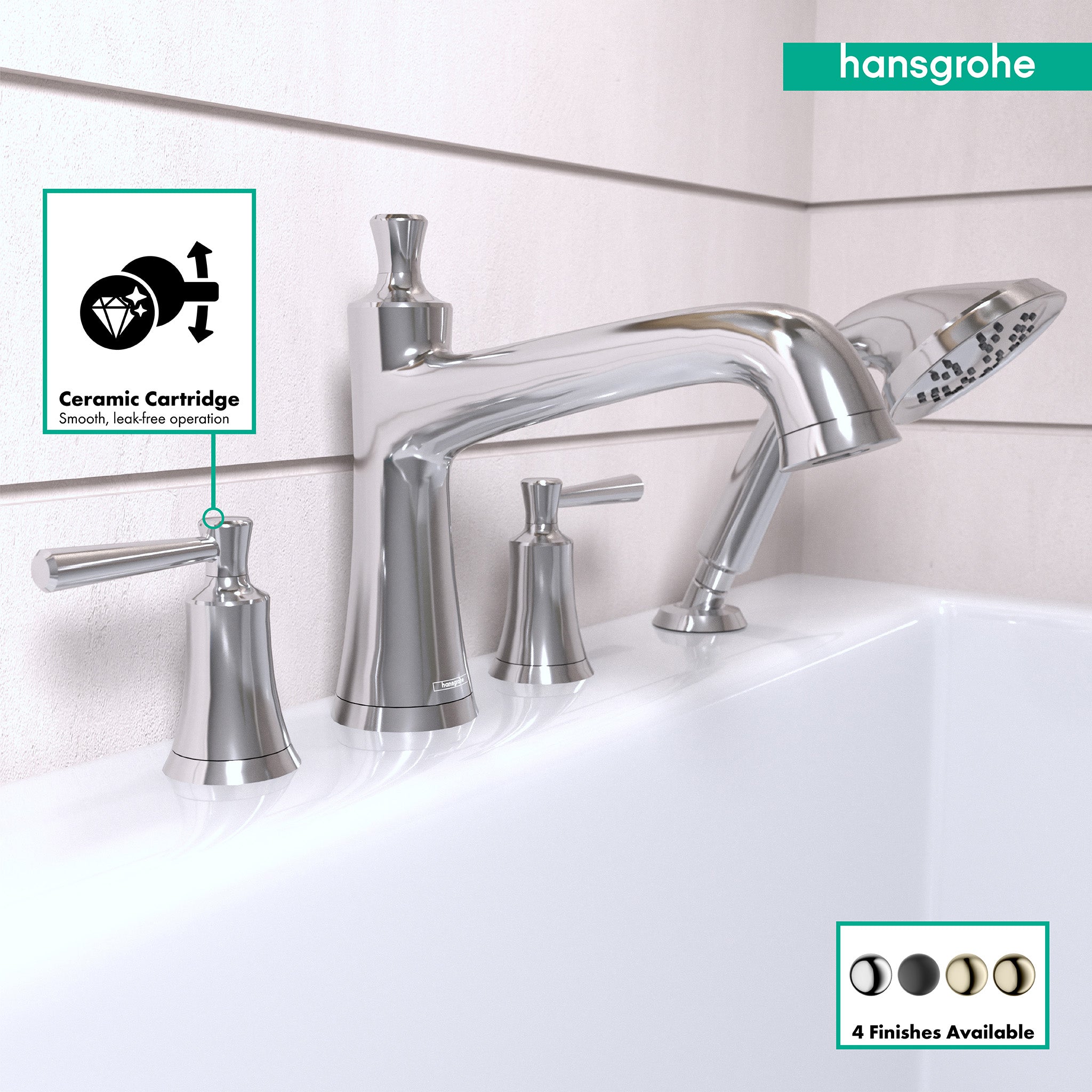 Chrome four-hole roman tub faucet set with curved spout, dual handles, and detachable handshower on white bathtub.