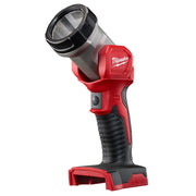 Red and black Milwaukee M18 LED work light with adjustable head and ribbed grip handle.