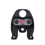 Black Milwaukee M12 PEX crimp jaw with gray connector plate and two adjustment knobs.