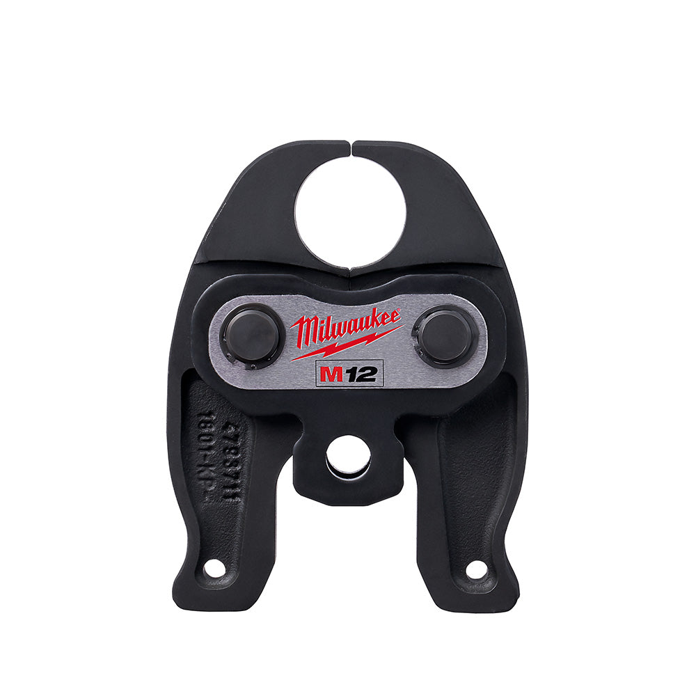 Black Milwaukee M12 PEX crimp jaw with gray connector plate and two adjustment knobs.