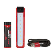 Red and black USB rechargeable flood light with eight LED bulbs, cylindrical battery pack, and braided charging cable.