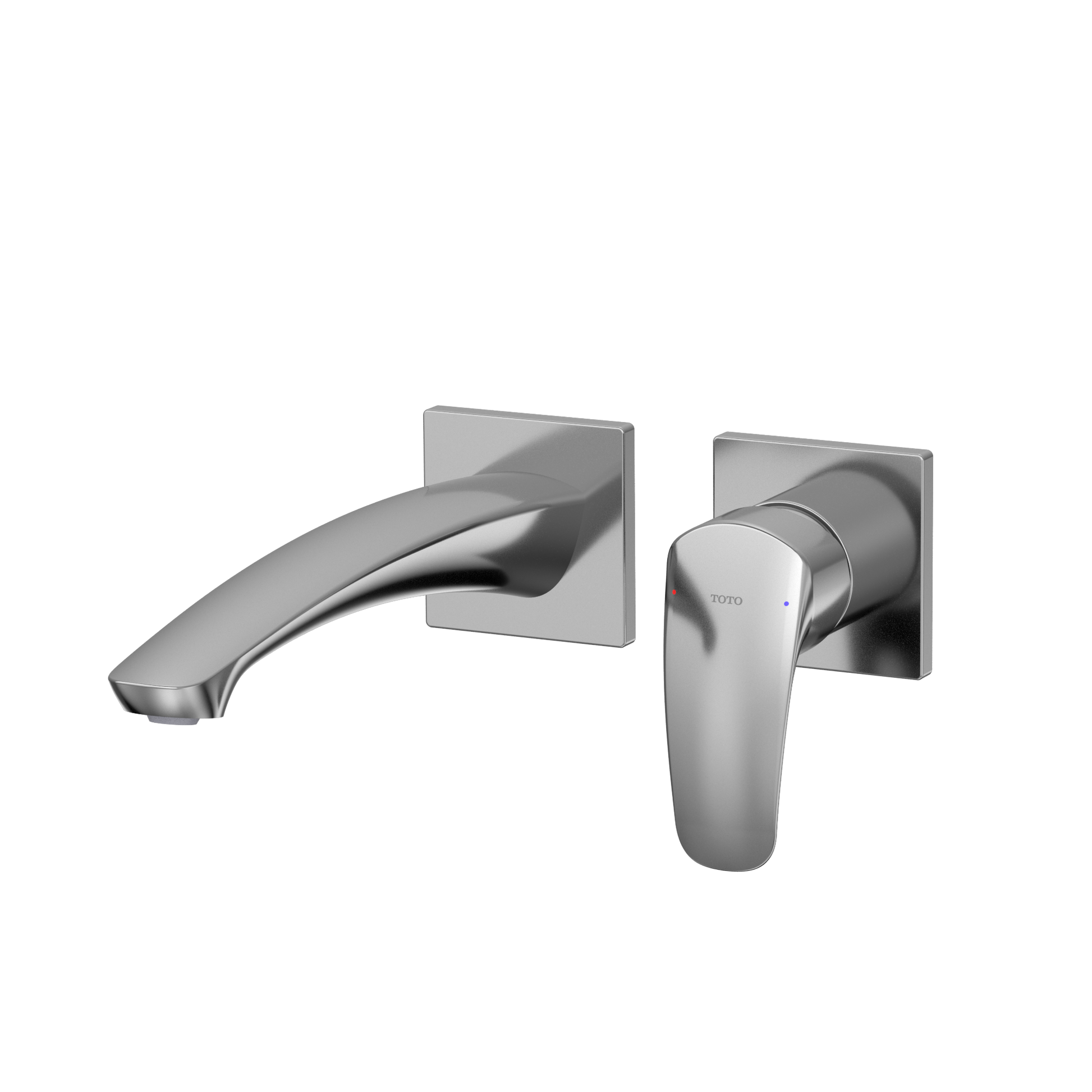 Polished chrome wall-mount bathroom faucet with curved spout and single lever handle on square backplates.