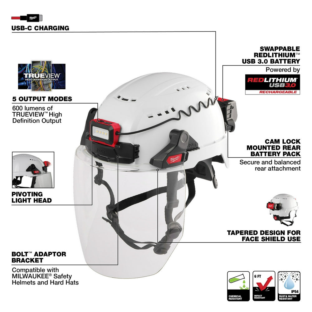 White Milwaukee BOLT headlamp with red battery pack, pivoting light head, and black chin strap mounted on hard hat.