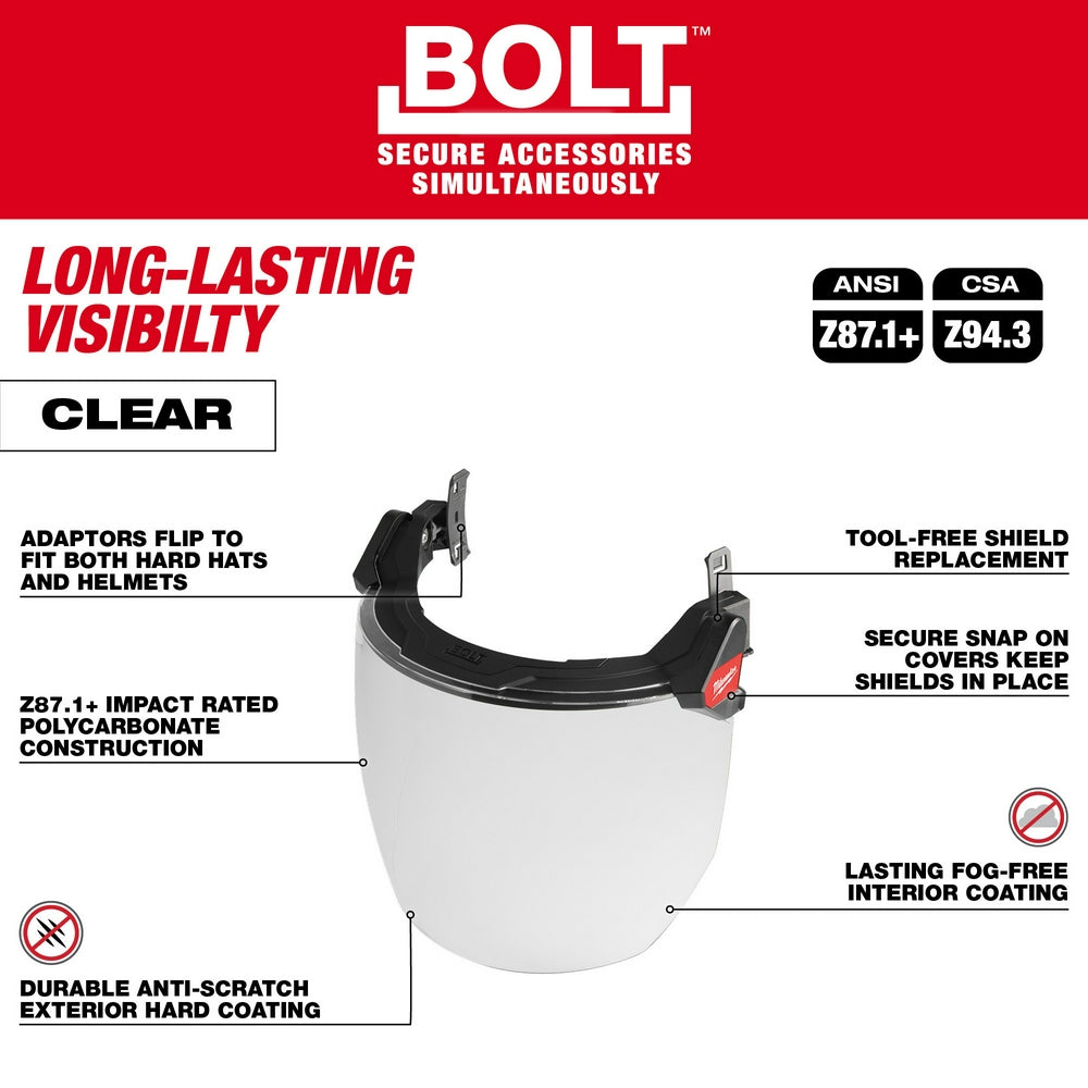 Milwaukee BOLT full face shield with clear polycarbonate lens and black curved head harness with red accent clip.