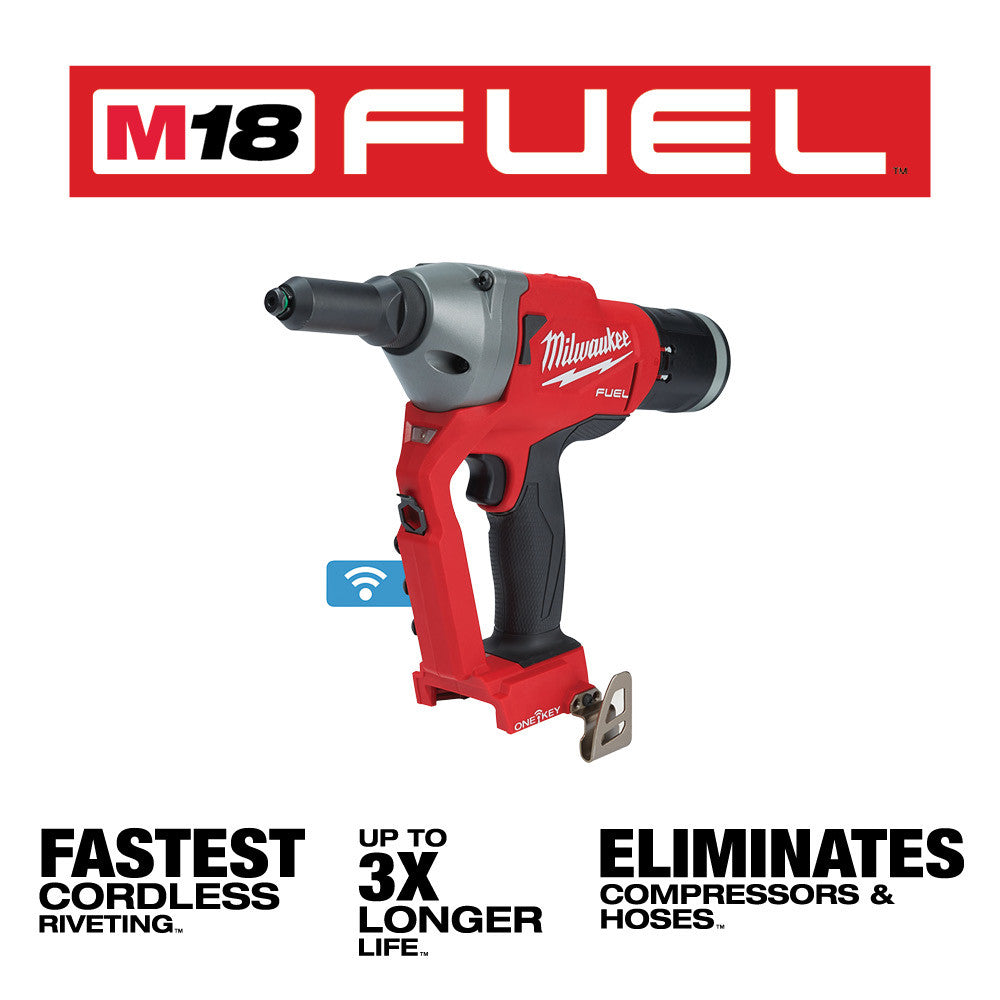 Milwaukee M18 FUEL blind rivet tool in red and black with gray head and blue ONE-KEY wireless connectivity indicator.