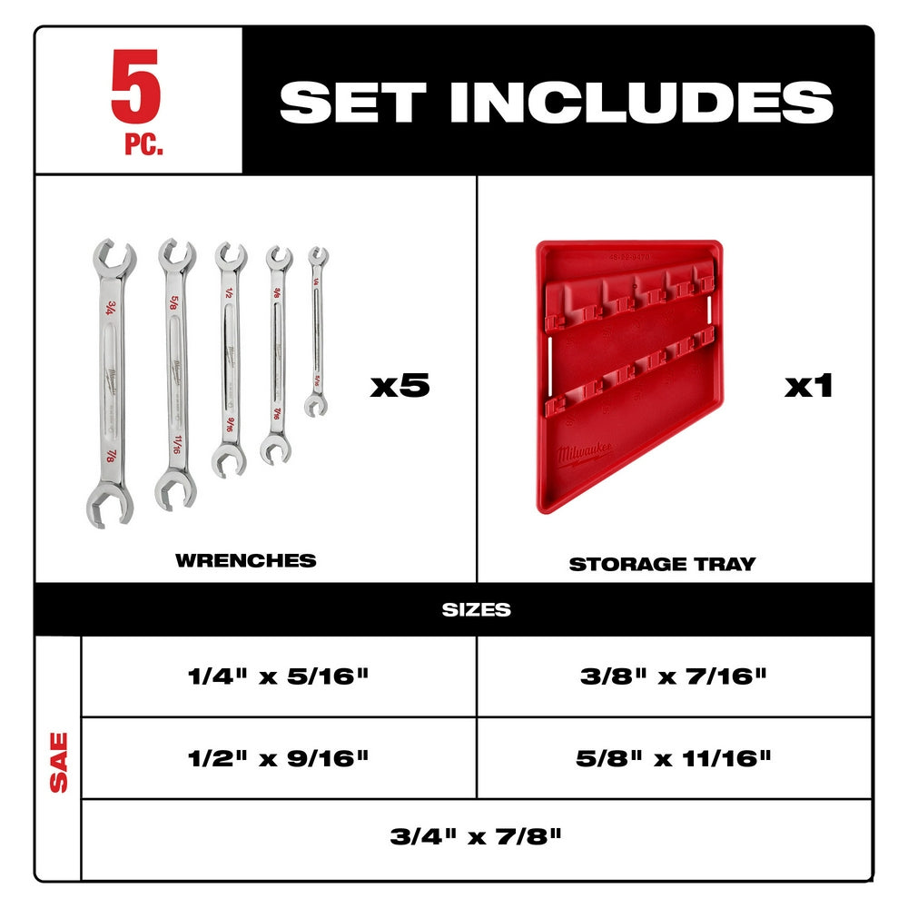 Five chrome double-end flare nut wrenches in various sizes with red storage tray.