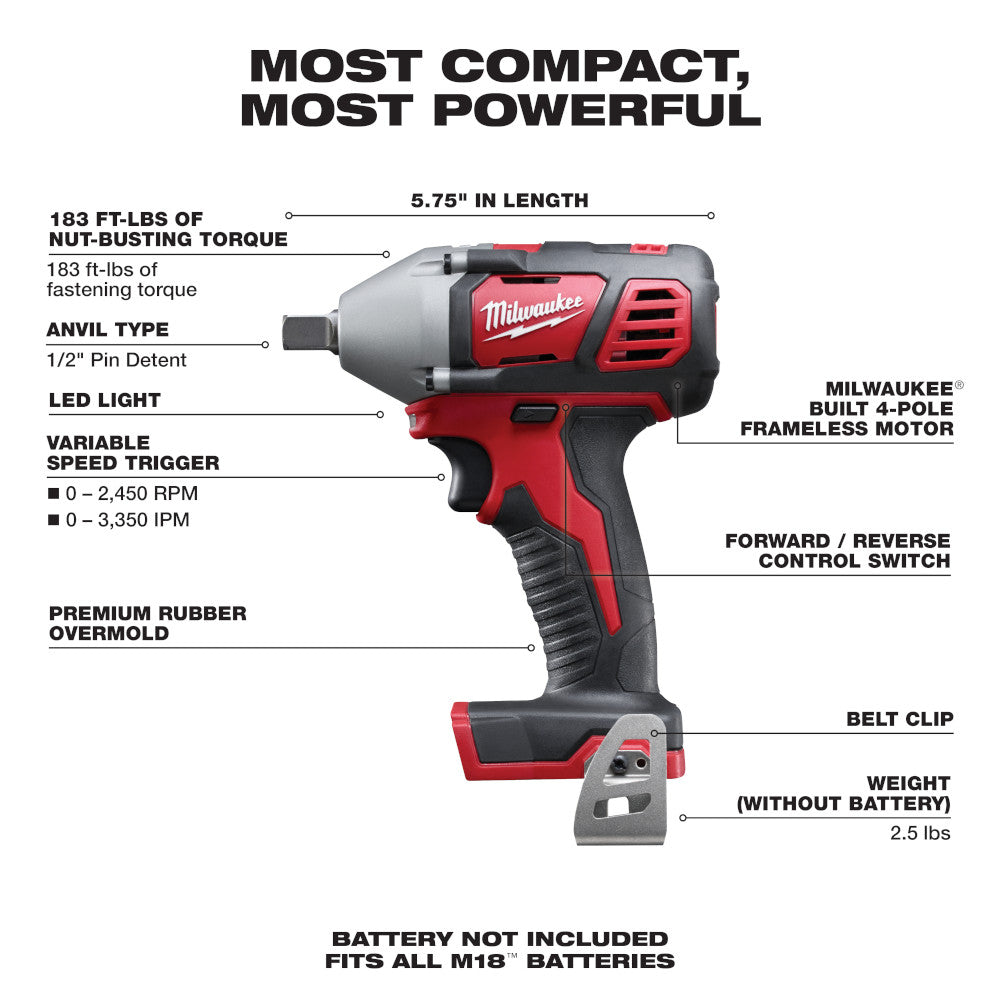 Milwaukee M18 1/2 in. impact wrench with red and black housing, LED light, variable speed trigger, and belt clip attachment.
