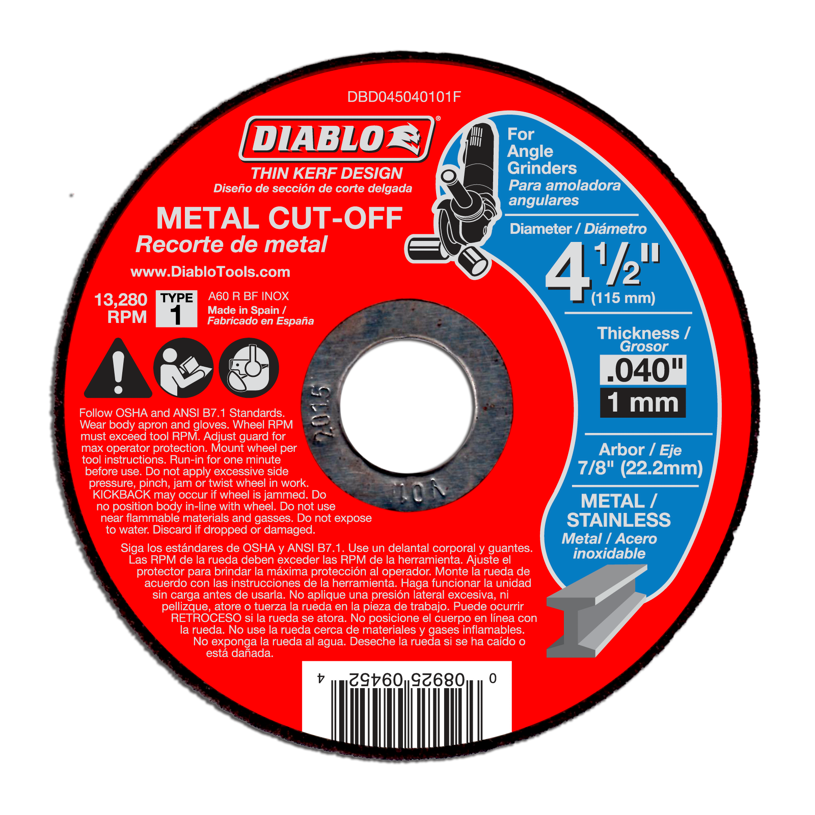 Red and black circular metal cut-off disc with Diablo branding, 4-1/2 inch diameter, thin kerf design for angle grinders.