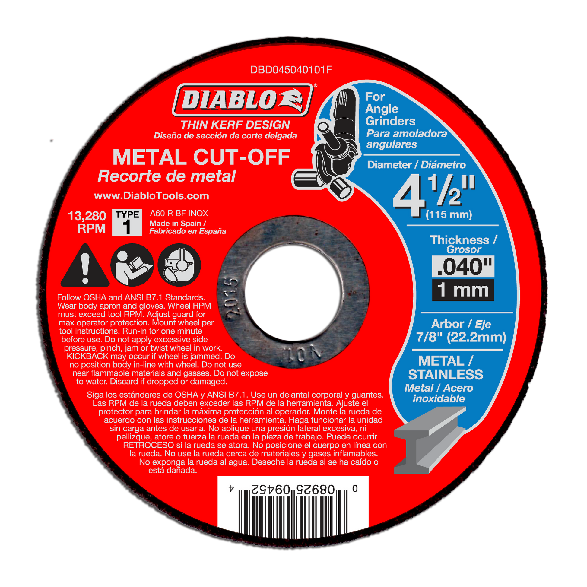 Diablo red metal cut-off disc with thin kerf design, 4.5 inch diameter, 1mm thickness for angle grinders.