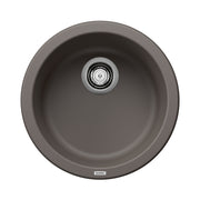 Volcano grey round bar sink with single basin and chrome drain assembly, viewed from above.