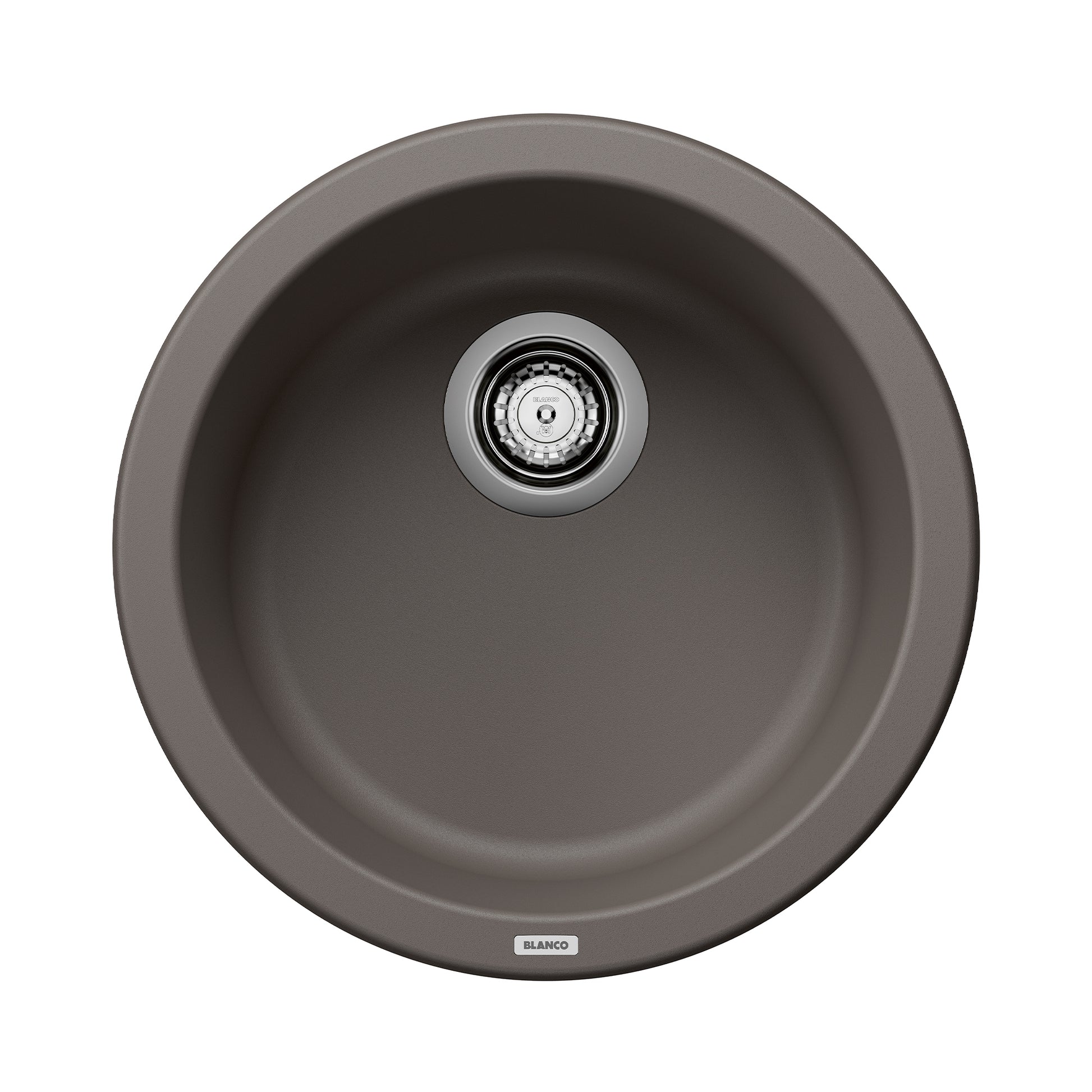 Volcano grey round bar sink with single basin and chrome drain assembly, viewed from above.