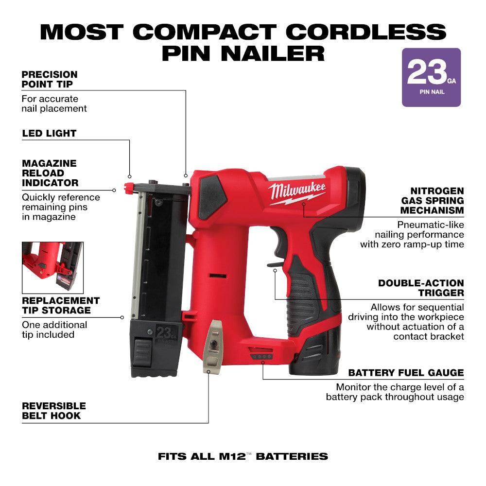 Red and black Milwaukee M12 cordless pin nailer with labeled features including LED light, precision point tip, and nitrogen 
