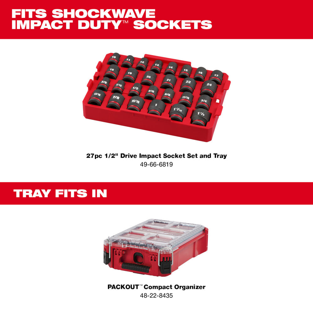 Red plastic tray with 27 black impact sockets in various sizes arranged in organized rows.