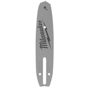 Gray Milwaukee pruning saw guide bar with logo and mounting holes on white background.