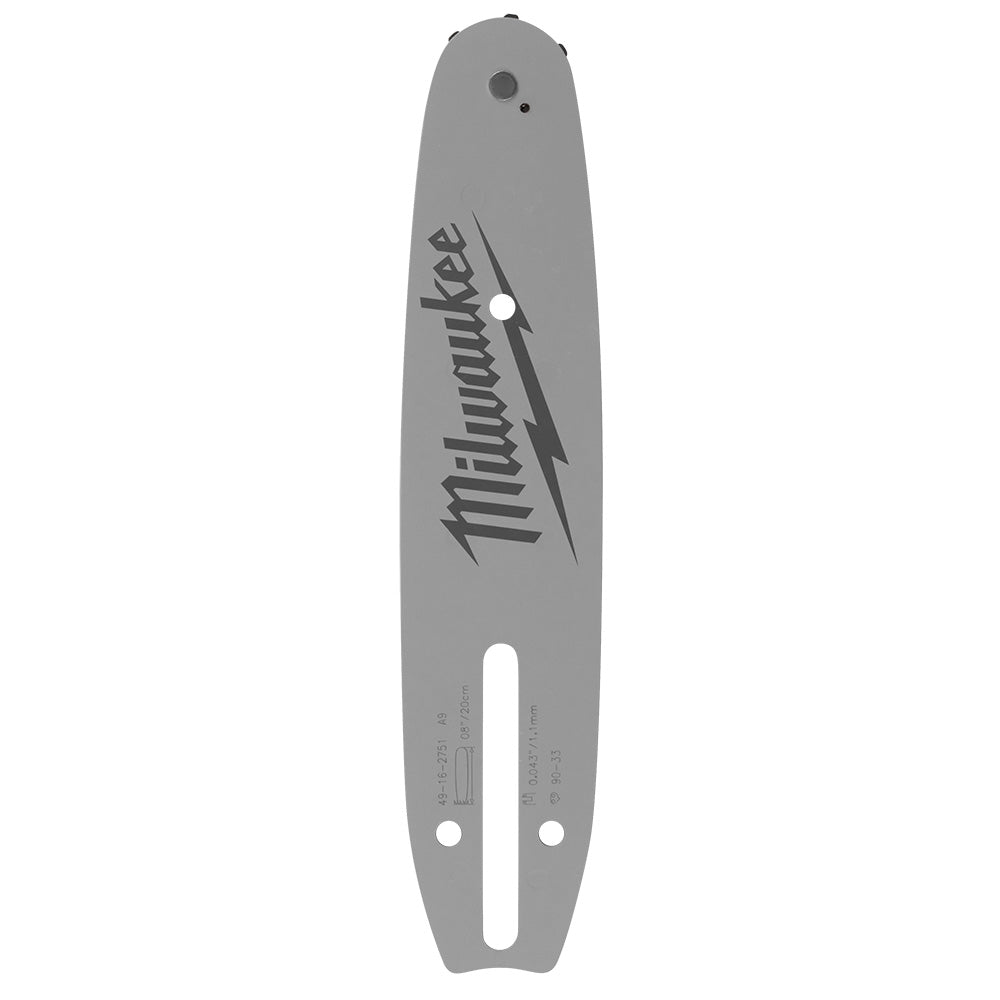 Gray Milwaukee pruning saw guide bar with logo and mounting holes on white background.