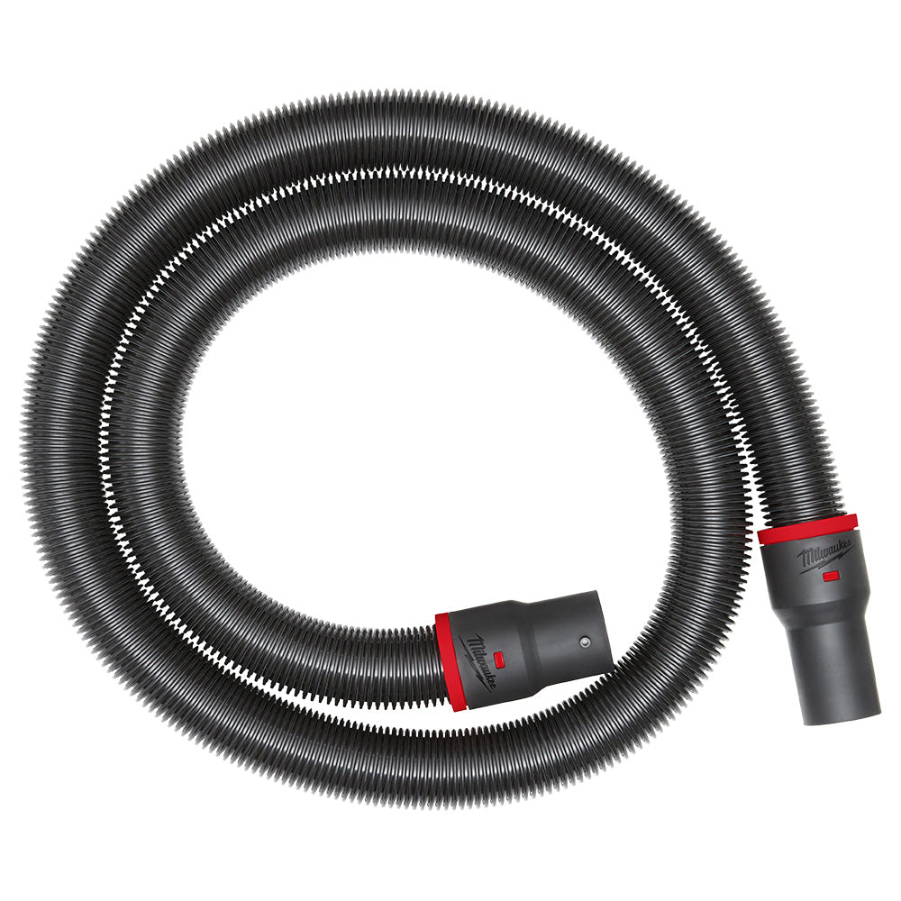 Black corrugated flexible hose coiled with red and black connector ends featuring Milwaukee branding.