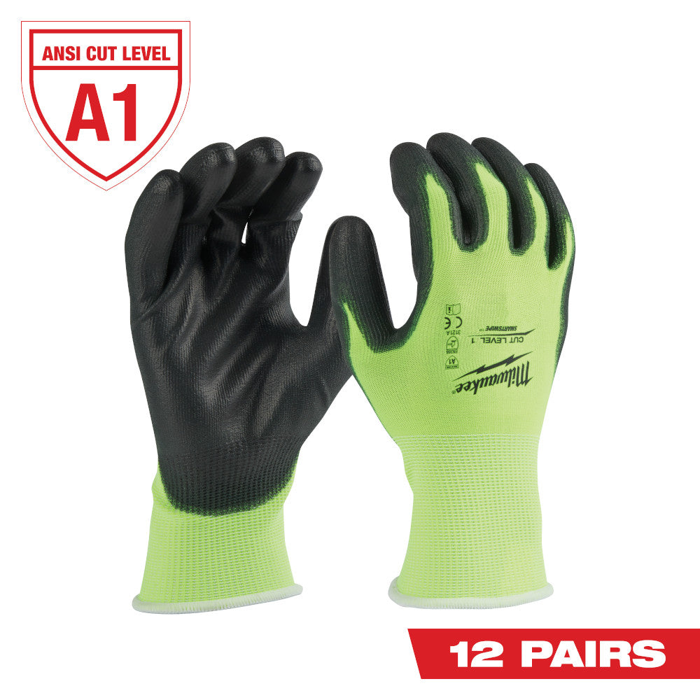 High visibility cut level A1 work gloves with lime green knit cuff and black polyurethane dipped palm and fingers.