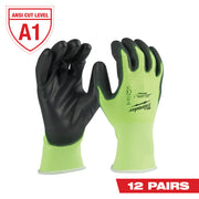High visibility yellow-green gloves with black polyurethane-dipped palms and fingers, ANSI Cut Level A1 rated.