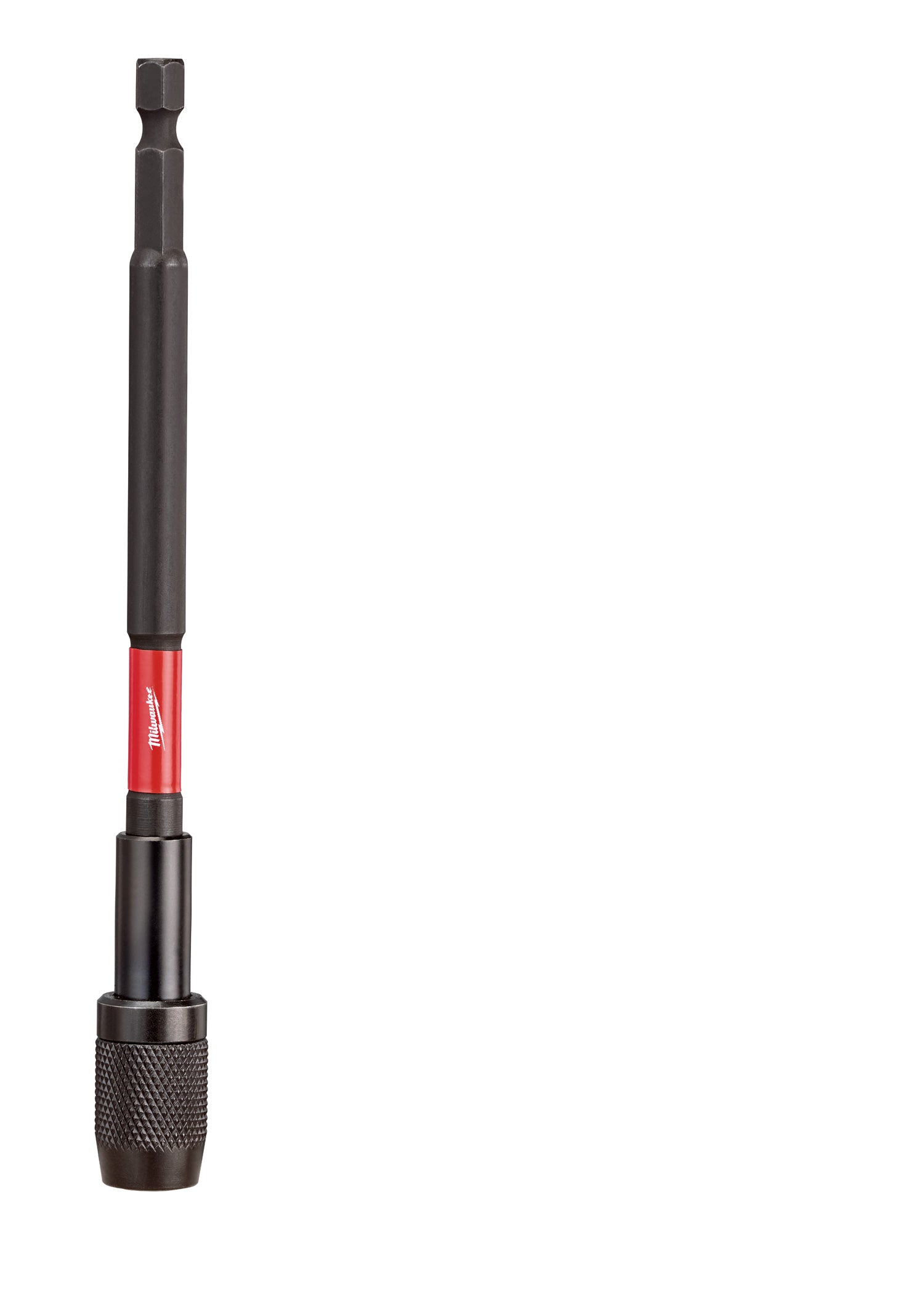 Black and red impact bit holder with hexagonal socket at top and knurled grip base.