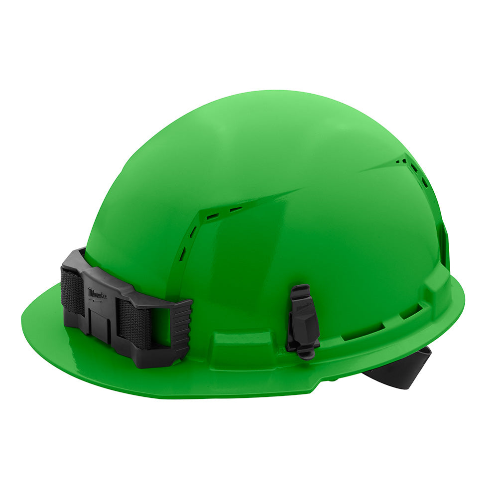 Green hard hat with front brim, vented crown, black ratcheting suspension straps, and chin strap attachment.