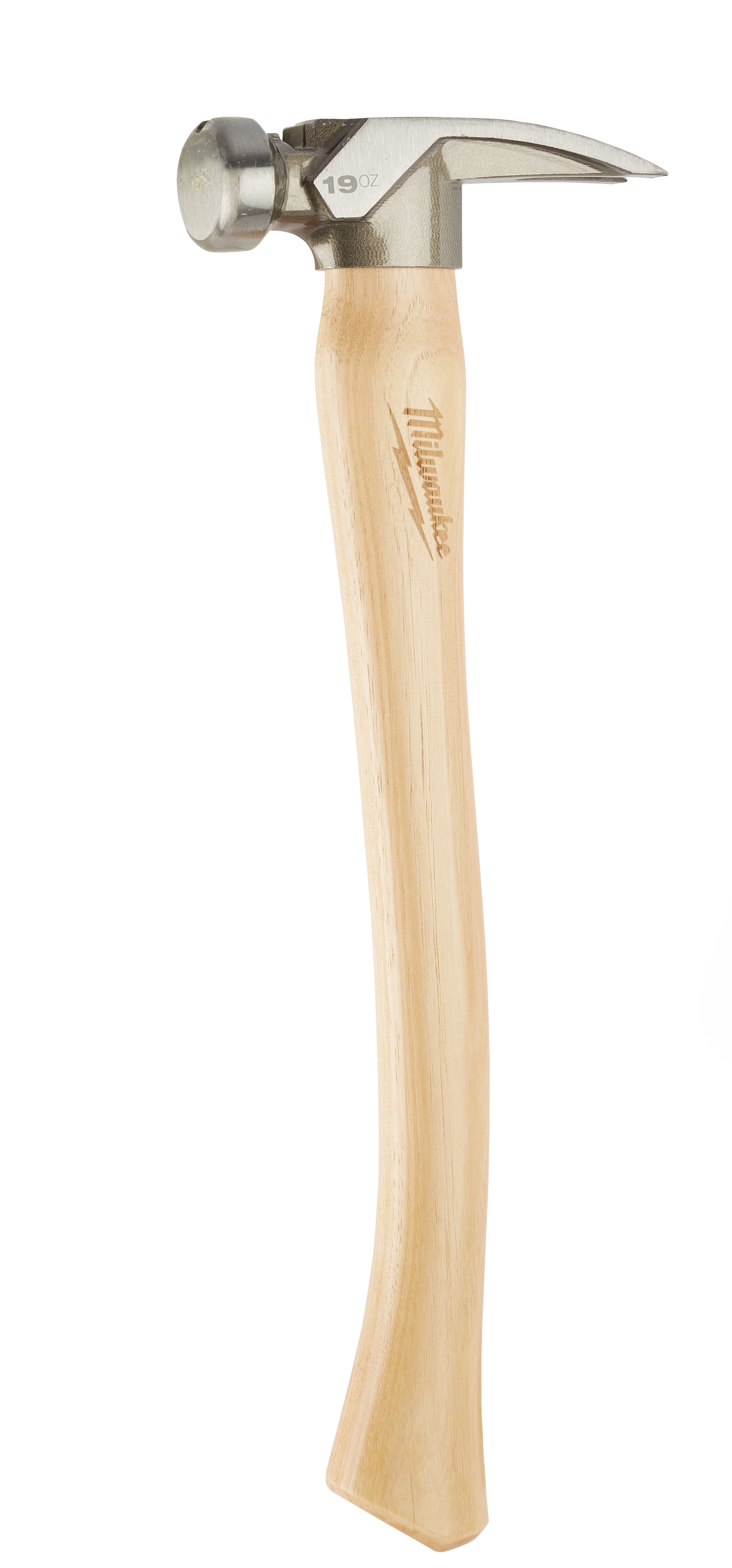 19oz framing hammer with smooth metal head, curved claw, and hickory wood handle marked with Milwaukee branding.