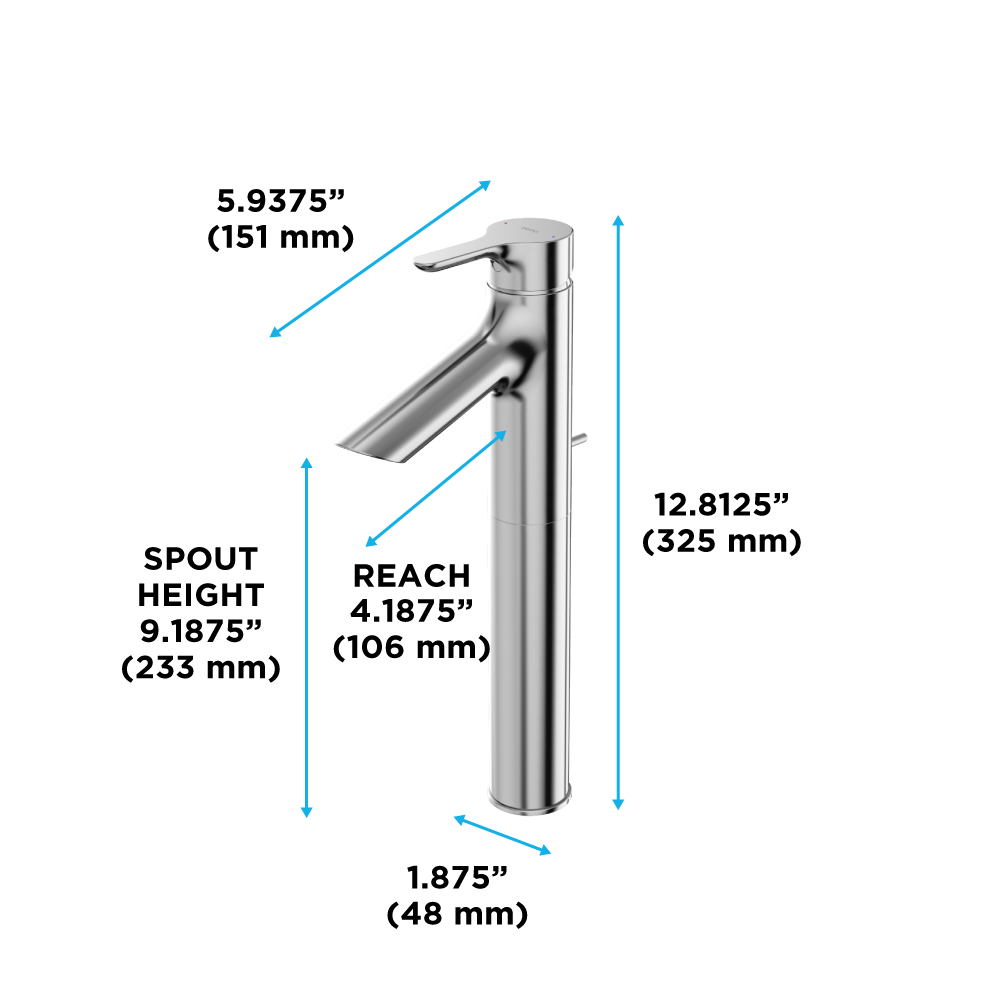 Polished chrome single-handle vessel faucet with curved spout, 12.8125 inches tall, 4.1875 inches reach.