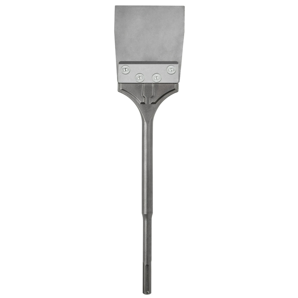 Milwaukee SDS-Max floor scraper with wide flat blade head and long metal shaft, secured with four bolts.