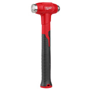 Red dead blow hammer with round and flat steel heads, black grip handle, and Milwaukee branding.