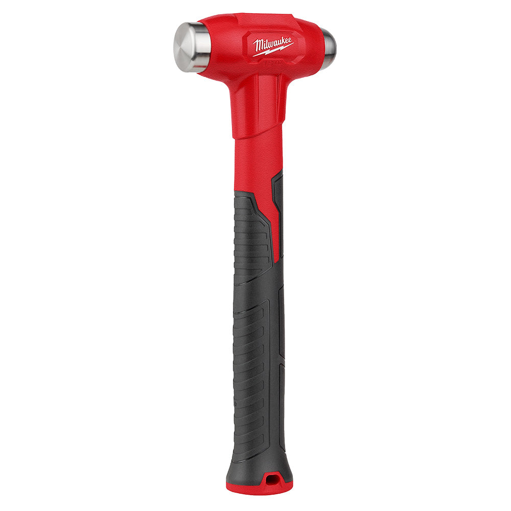 Red dead blow hammer with round and flat steel heads, black grip handle, and Milwaukee branding.