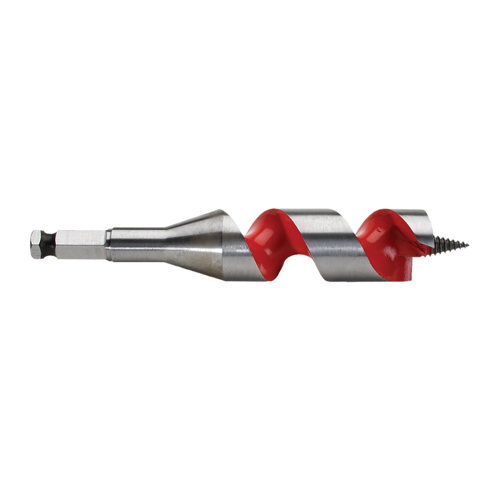 Silver and red ship auger bit with twisted flutes and pointed screw tip.