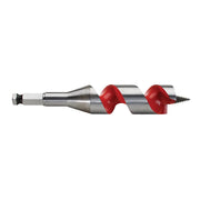 Silver and red ship auger bit with twisted flutes and pointed screw tip.