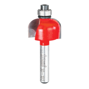 Router bit with red cove cutting head and metal shank with silver bearing collar.