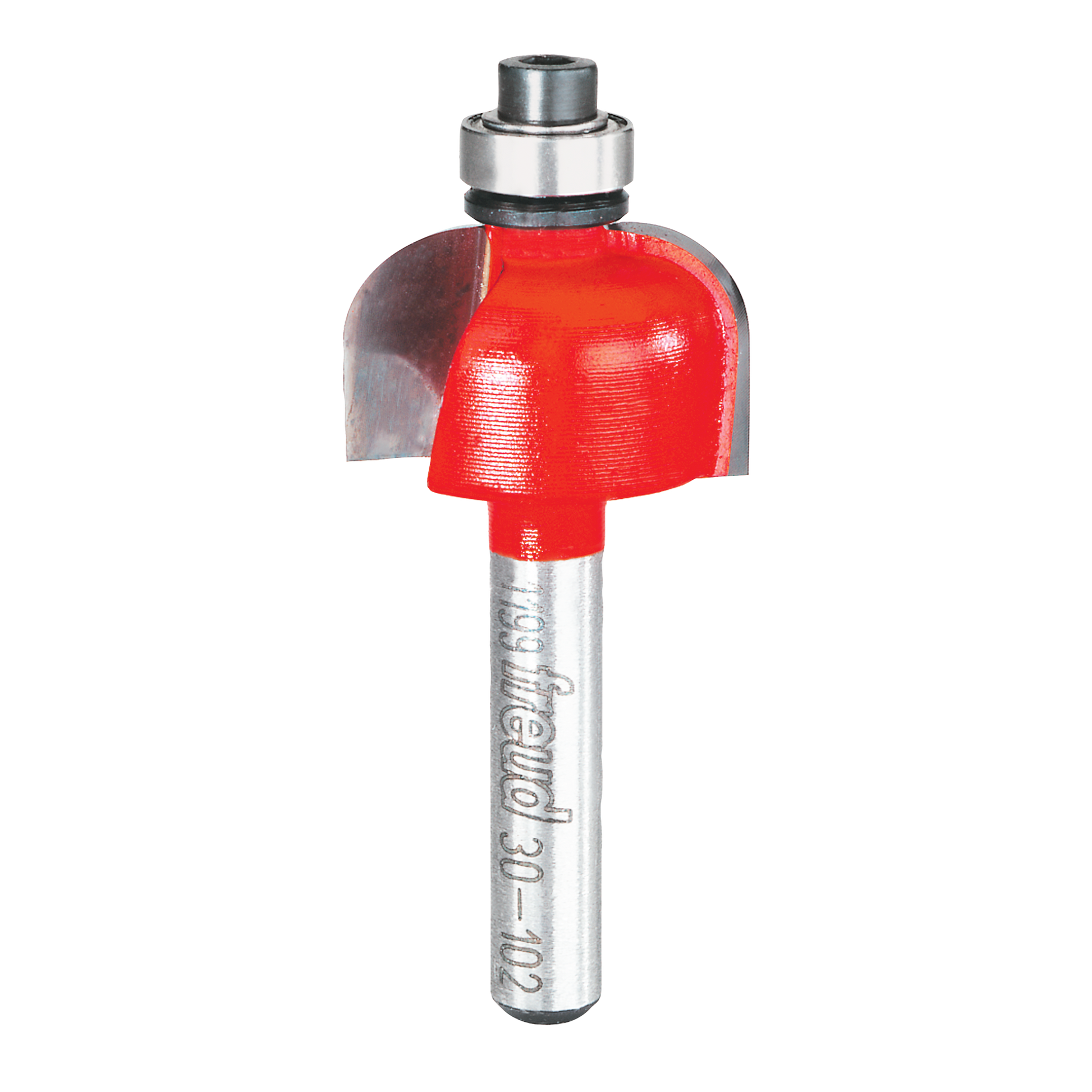 Router bit with red cove cutting head and metal shank with silver bearing collar.